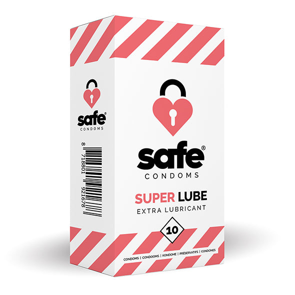 Wit-roze gestreepte verpakking van Safe Condoms Super Lube Extra Lubricant, 10 stuks