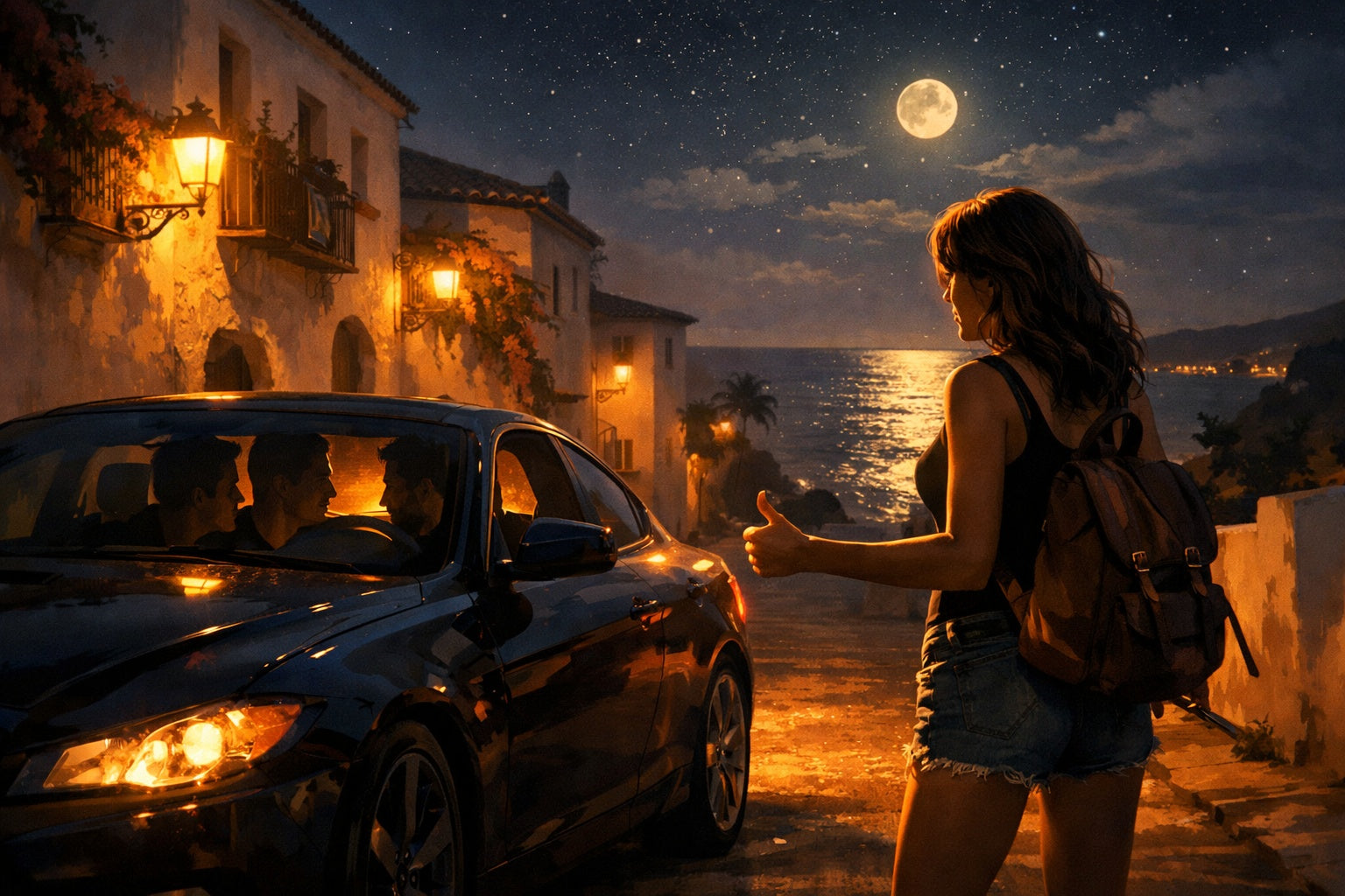 Vrouw met rugzak die ’s nachts langs een kustweg een zwarte auto aanhoudt, met maanlicht, zee en warme straatlantaarns op de achtergrond