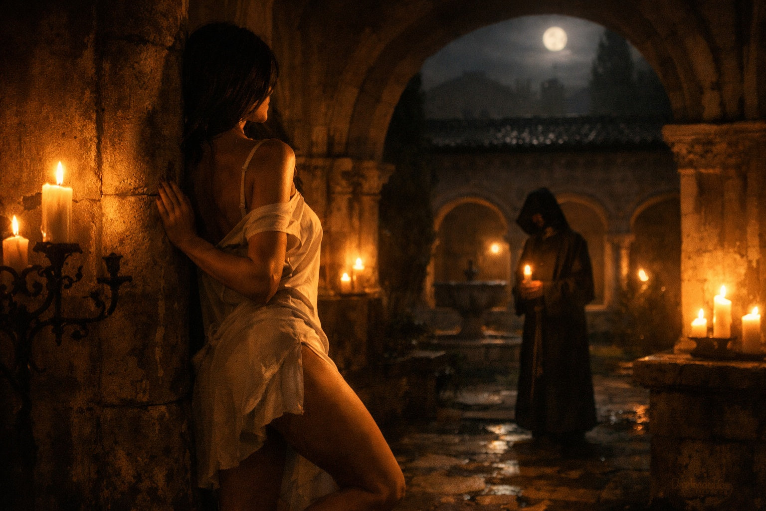 Een nachtelijk klooster met zachte kaarsverlichting, waar stilte en verlangen samenkomen in een sfeer van geheimzinnige spanning.