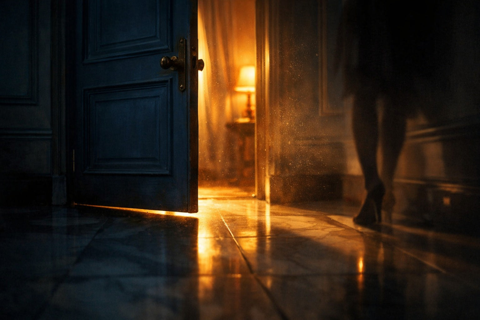 Zachte gloed in een stille gang terwijl een zware blauwe deur opengaat, vol spanning en verwachting.