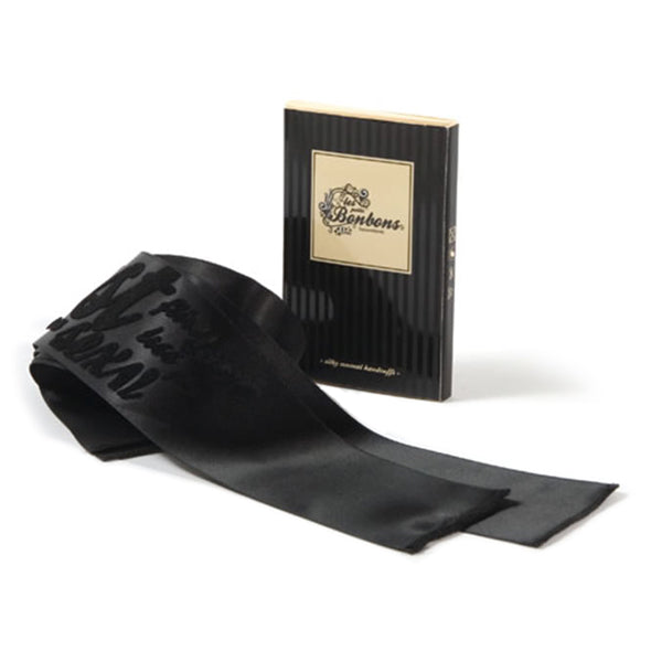 Sensuele handboeien van zwart satijn met goudkleurig Bijoux Indiscrets doosje