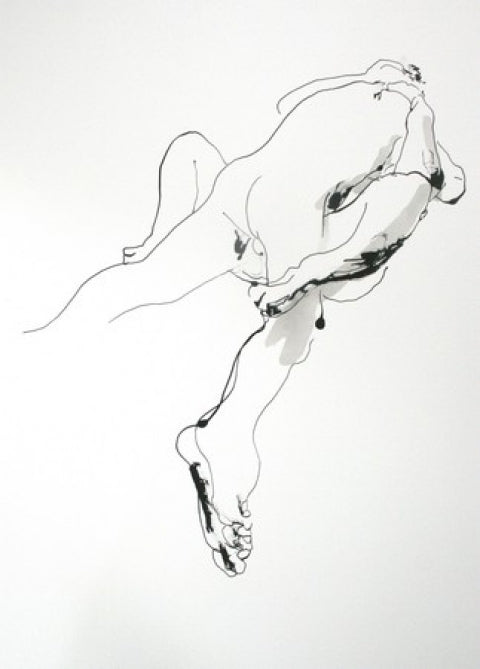 Litho Sam Drukker expressieve zwart-wit inkttekening van liggend naakt in losse gestische stijl