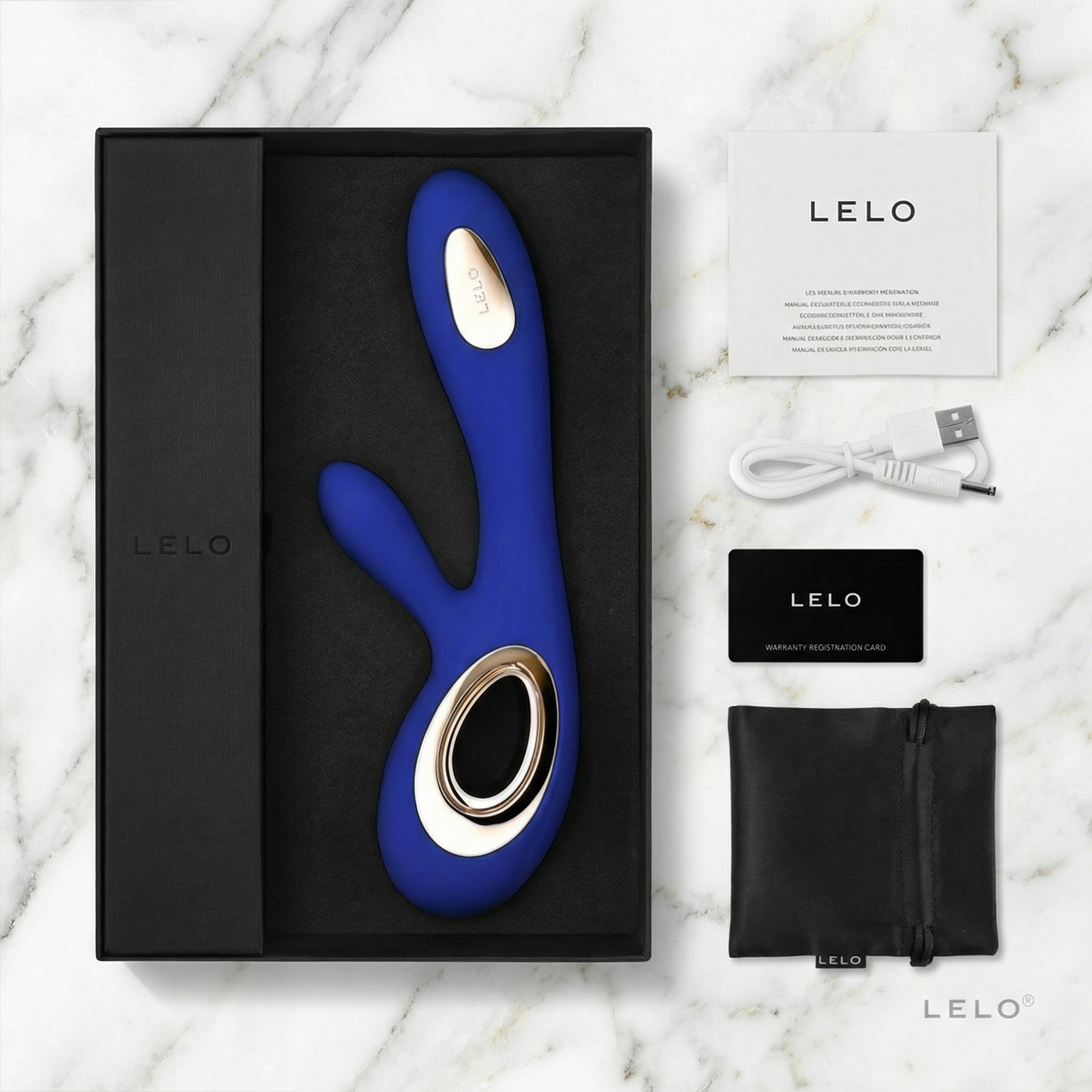 Lelo Soraya 2 Wave verpakking met blauwe vibrator en accessoires