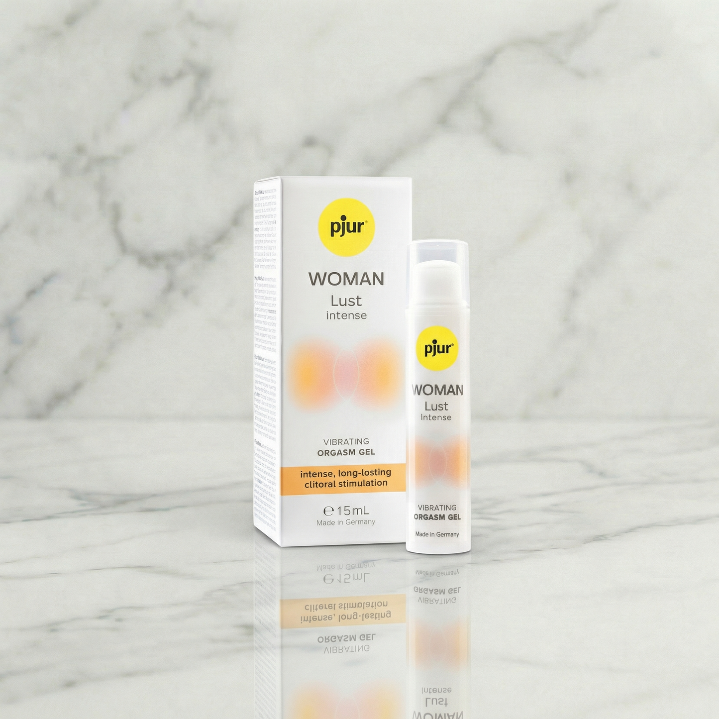 pjur Woman Lust Intense stimulerende gel 15 ml met verpakking op marmeren plank