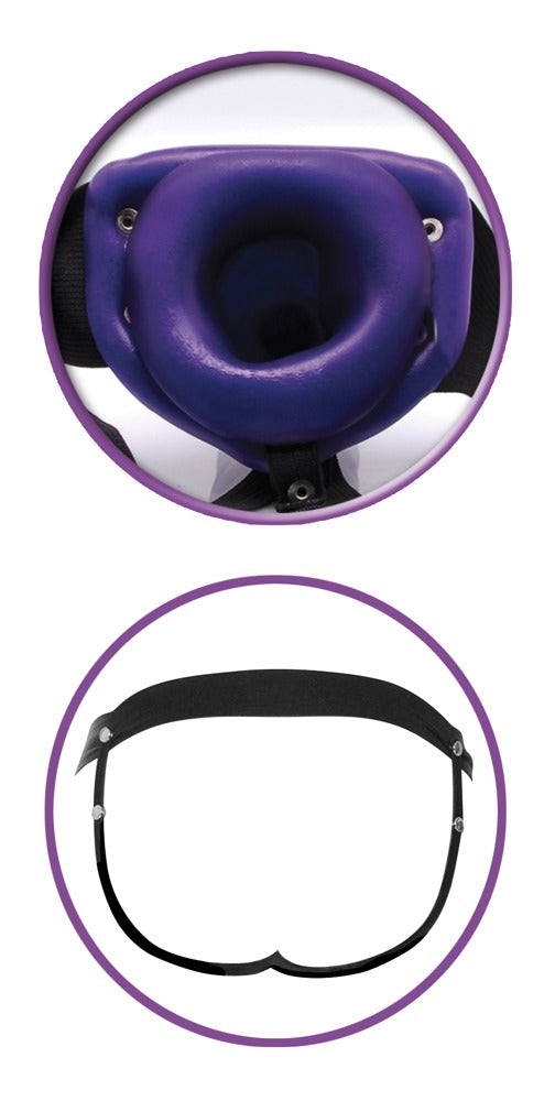 Paarse holle strap-on S/M detail binnenzijde ring en zwart harnas