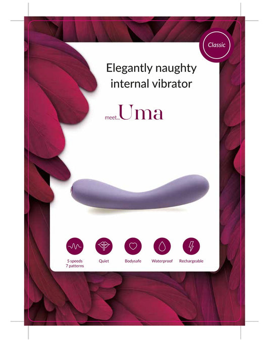 Je Joue Uma verpakking met paarse vibrator en USB-oplaadkabel, discrete luxe presentatie