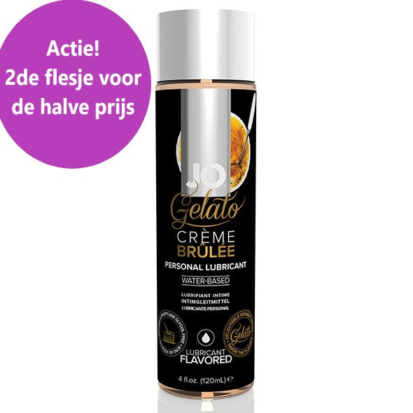 Jo Gelato Creme Brulee glijmiddel van De Paarse Keizerin op witte achtergrond