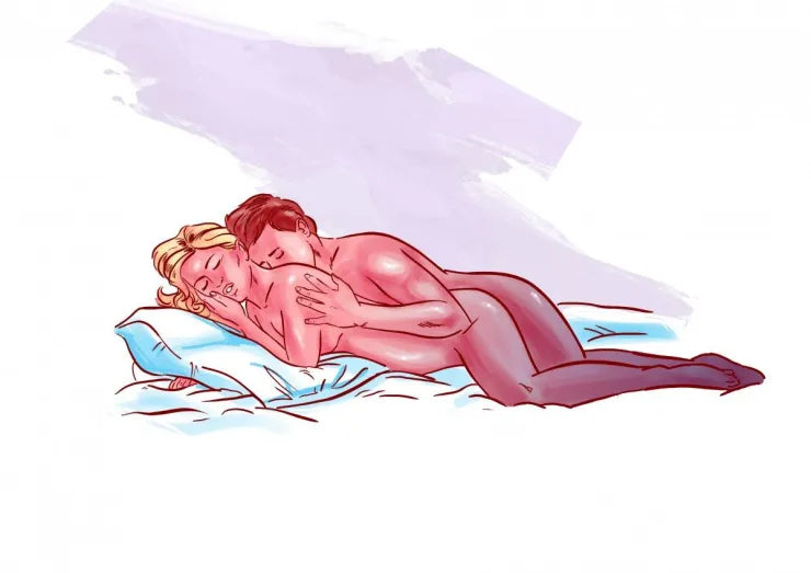 Illustratie van een intiem koppel in lepeltje-lepeltje positie op bed, ideaal voor ontspannen vrijen