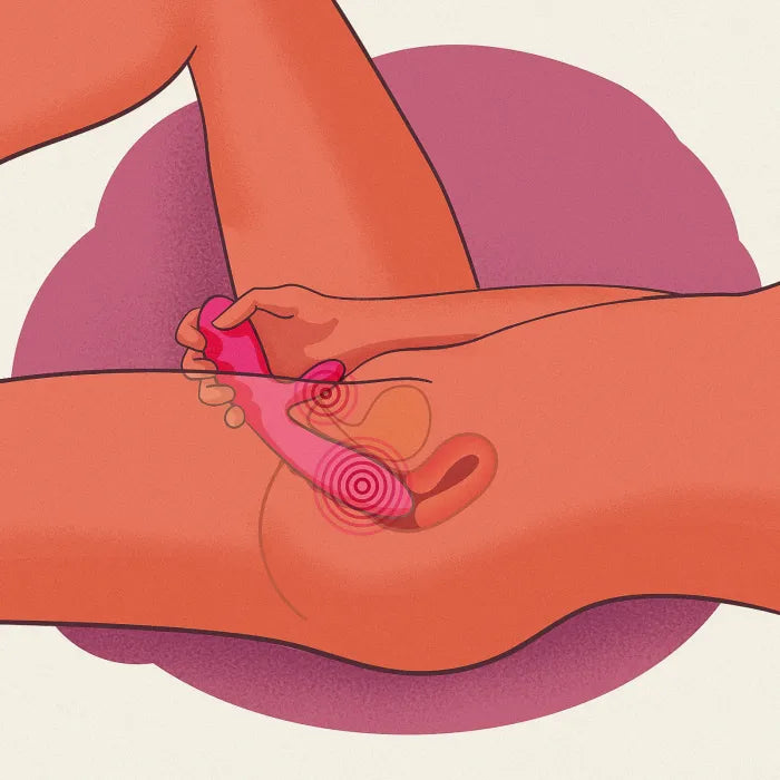 Illustratie van roze duo-vibrator met clitoris- en G-spot-stimulatie tijdens gebruik op intieme zone
