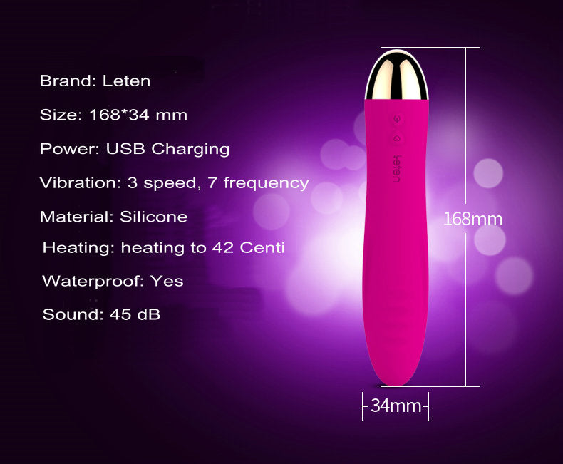 Leten Surge siliconen vibrator met specificaties: USB-oplaadbaar en verwarmbaar tot 42°C