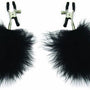 Paar metalen tepelklemmen met verstelbare veer en zwarte maraboe veerpompons